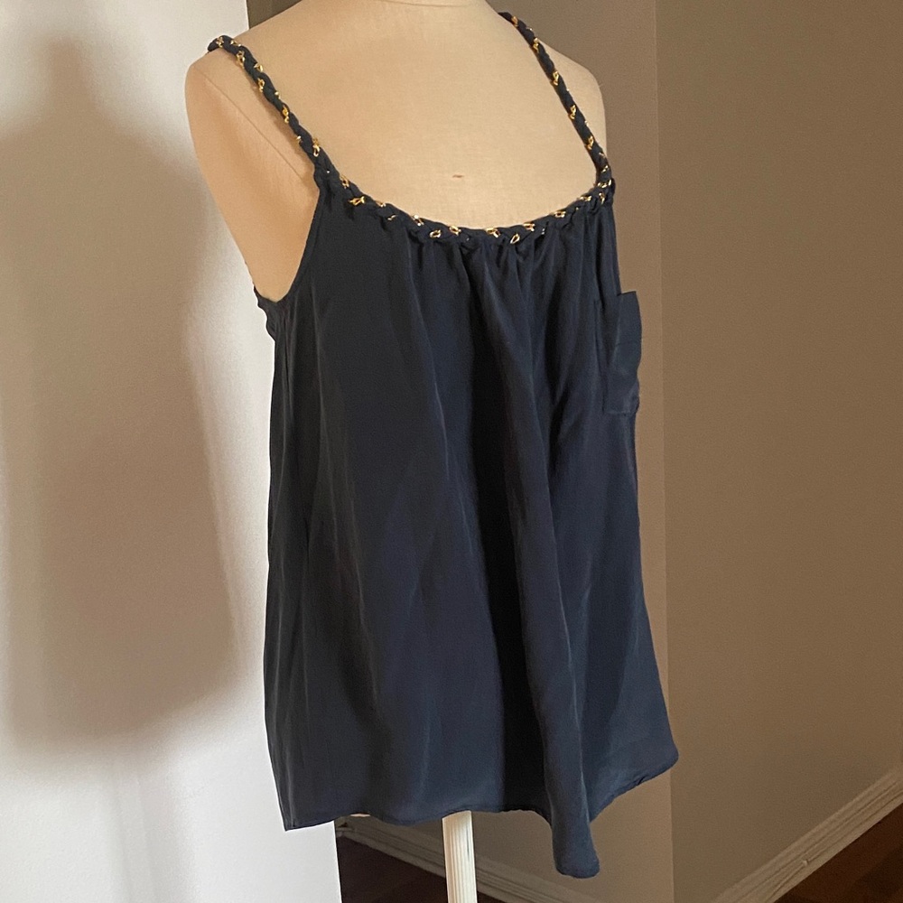 Navy Y2K 100% Silk Camisole with Braided Gold Straps